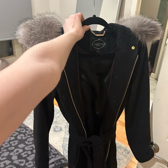 1 Madison Black Wool Wrap Coat with Detachable Fox Fur Trim - Picture 6 of 12